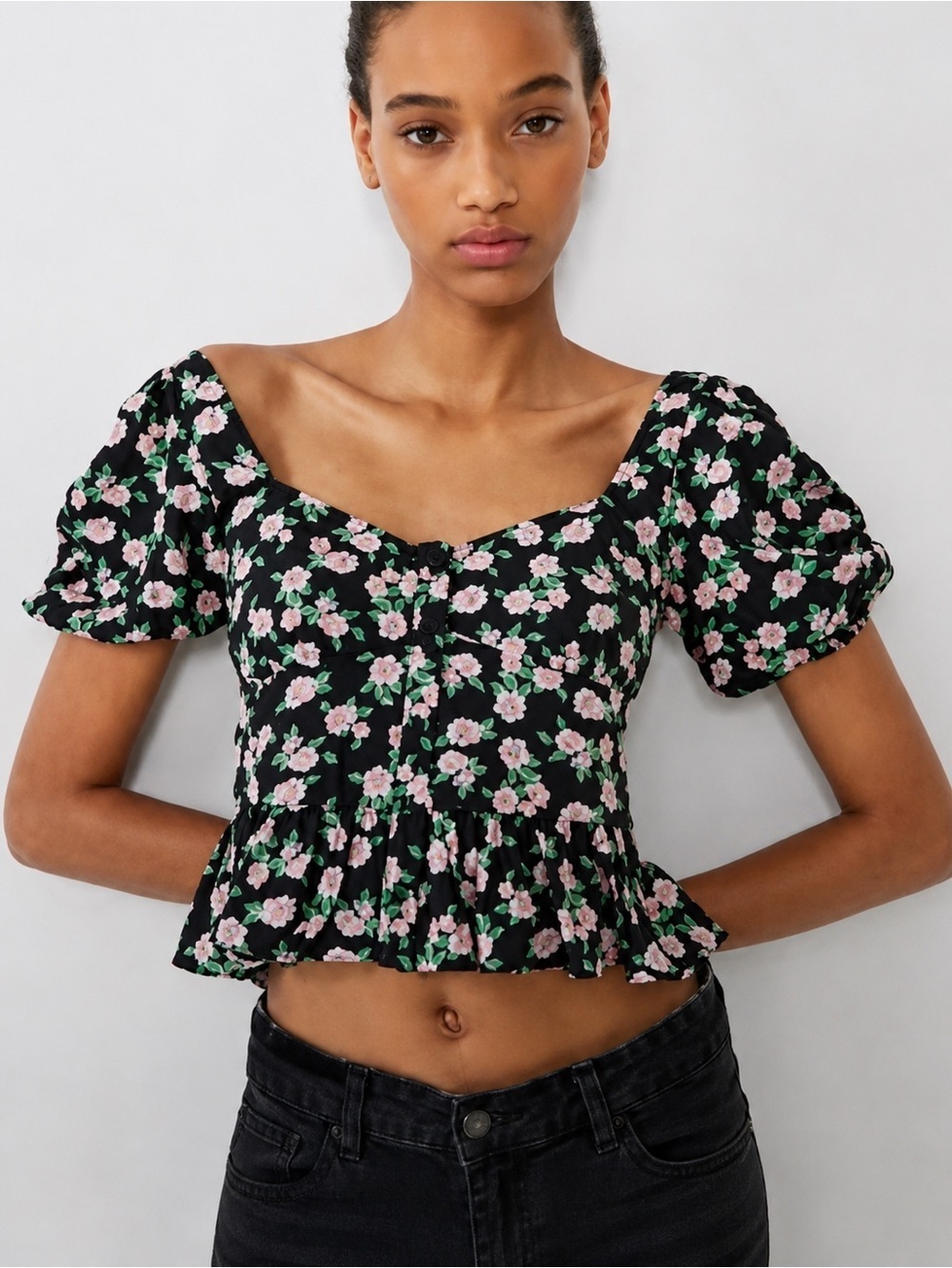 Zara Floral Puff Sleeve Crop Top